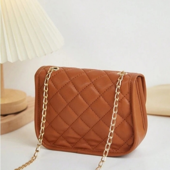 Tan Quilted Crossbody Bag with Chain Strap - Picture 2 of 6